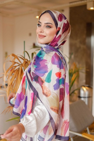 Mimiyum Nayf İpek Şal Pastel Desen Mor