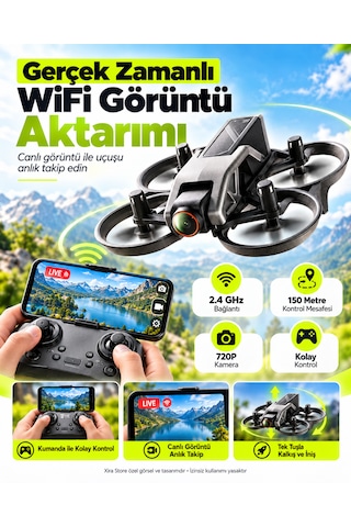 720p Kameralı Wifi Fpv Drone Çift Bataryalı 150 Metre Kontrol Mesafeli Tek Tuş Kalkış İniş 360 Takla