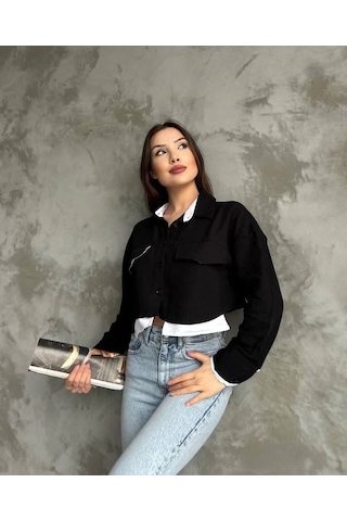 Çift Renkli Kısa Gömlek Siyahbeyaz S4021 Siyah