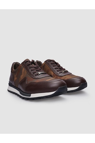 %100 Hakiki Deri Kahverengi Bağcıklı Kamuflaj Desenli Erkek Sneaker-kahverengi Kahverengi
