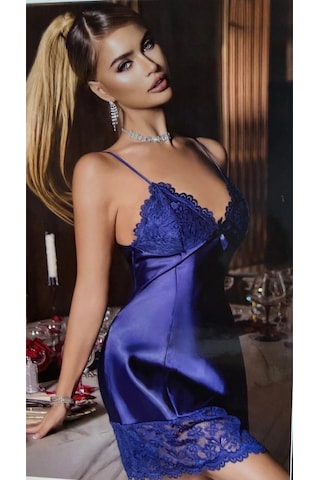 Visatin Saks Mavisi Dantel İşlemeli Ve Yırtmaçlı Saten Gecelik Royal Blue Lüks Koleksiyonu Lacivert