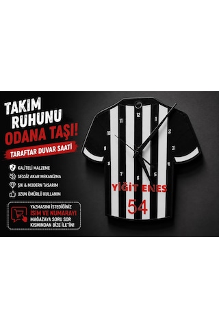 İsimli Taraftar Duvar Saati , Kişiye Özel - Hediyelik İsimli Forma Duvar Saati - İsimli Siyah Beyaz