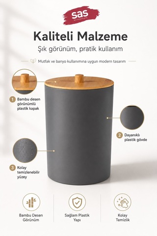 Sas Haus Bambu Desen Kapaklı Plastik Çöp Kovası 7 Litre Antrasit Mutfak Banyo Çöp Kovası Antrasit Gri