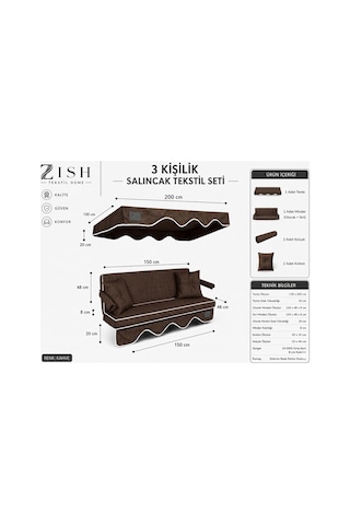 Zishome 2 Kişilik Salıncak Tekstil Seti 130x45x8 Cm Bahçe Balkon Salıncağı Minder Ve Tente Takımı Metal İskelet Dahil Değildir Kahverengi