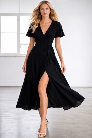Butik İstanbul Kadın Kısa Kollu Kruvaze Yakalı Belden Kuşaklı Yırtmaçlı Midi Viskon Elbise Siyah