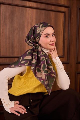 Silk Home Twill İpek Eşarp Erguvan Yeşil Vizon Papatya Desenli Tok Duruşlu 90x90 Çok Renkli
