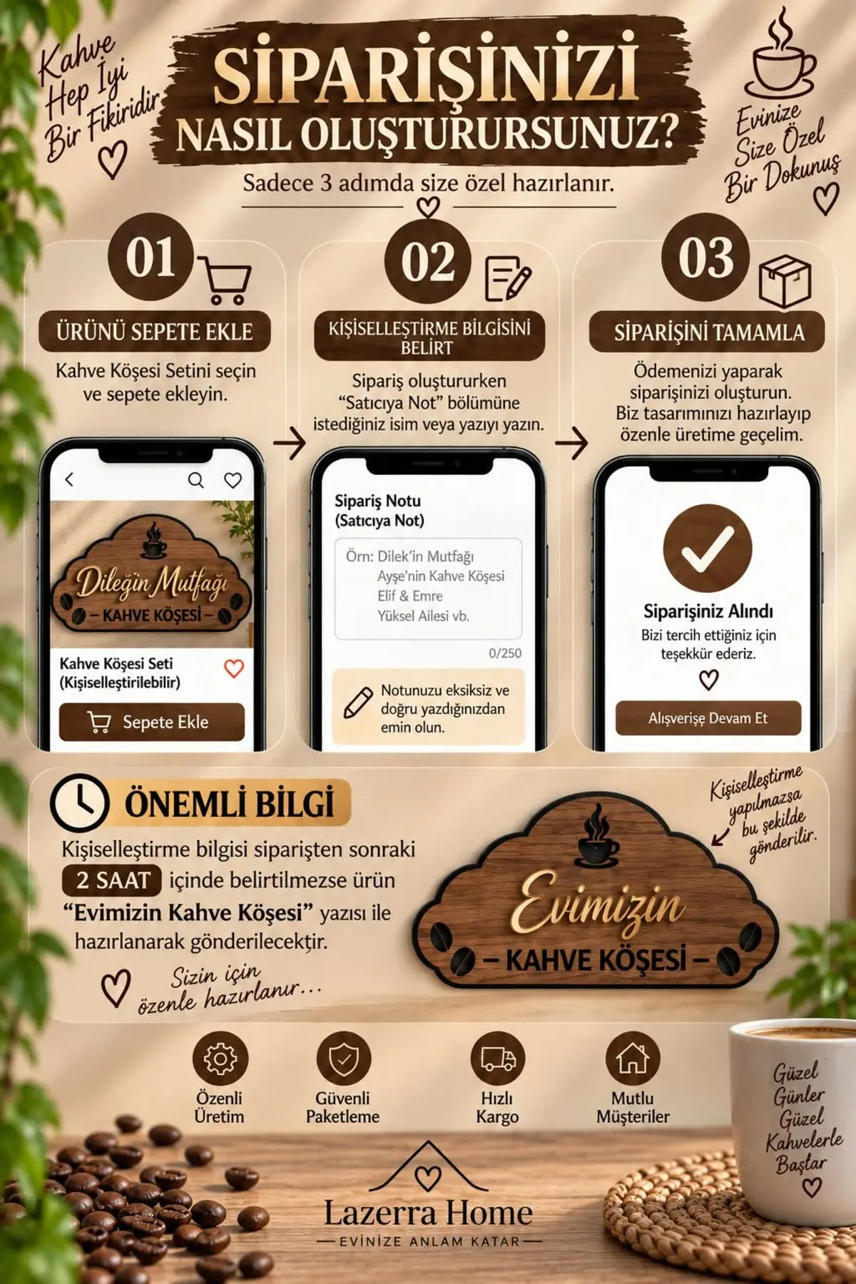 Kişiye Özel İsimli Ahşap Kahve Köşesi Tabela Seti - Gold Aynalı Pleksi Mutfak Panosu, Kupa Askılığı 0