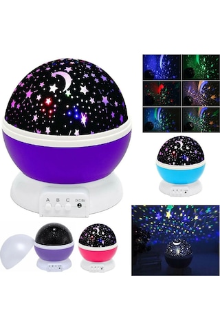 Konesam Kırmızı/pembe/mavi Seçenekli Çocuklar İçin Döner Yıldız Ay Projeksiyon Led Gece Lambası Usb Şarjlı Mor