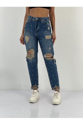 Miss Poem Kadın Taş Detaylı Lacivert Denim Kot Pantolon Lacivert