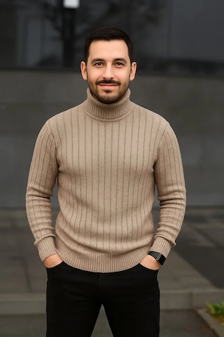 Tarzyeri Erkek Fitilli Kazak Tam Boğazlı Balıkçı Yaka Triko 2'li Set Bej-siyah Yeşil
