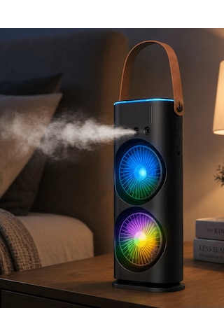 Usb Şarjlı Çift Başlıklı Buharlı Masaüstü Fan Sessiz Serinletici Işıklı Fan Aklby-bsva58