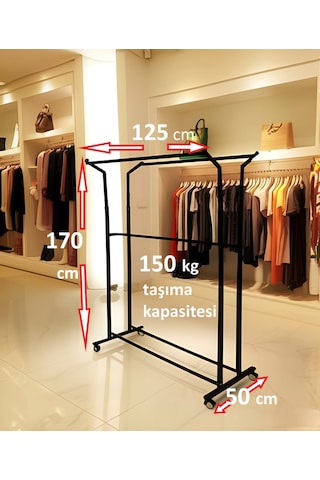 Premium 170 Cm Çelik Konfeksiyon Elbise Askılık Pingo Ayak Portatif Home Hanger 125 Cm En Demonte Siyah