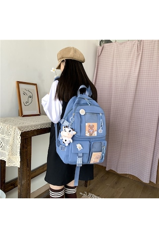 Padalink Kadın Okul Çanta Lise Üniversite Orta İlkokul, Mavi + İnek Desen + Rozet, Yumuşak Dokuma, Dayanıklı, Moda Okul Çantası Çok Renkli