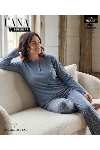 Lana Kadın Battal Pamuk Likralı Raporlu İnterlok Kışlık Pijama Takımı 245/16 - 1 Adet Mavi