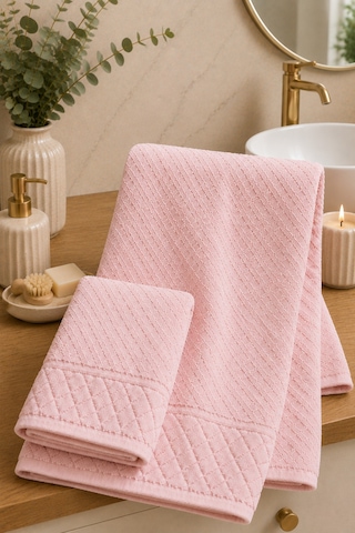Kristal 2 Li Banyo Havlu Seti 50 90 Baş Havlusu + 90 150 Banyo Havlusu - Pembe