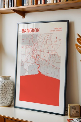 Bangkok Tayland Haritası Çerçeveli Tablo Lüks Salon Ofis Duvar Dekorasyonu Hediyelik Tablo
