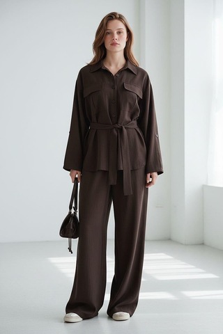 Seeh Kahverengi Uzun Kollu Oversize Kadın Takım Sh338 Standart