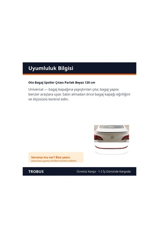 Trobus Oto Bagaj Spoiler Çıtası Parlak Beyaz 120 Cm