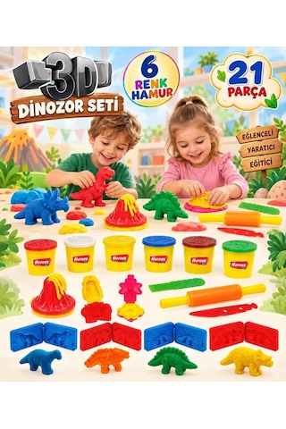 3d Dinazor Hamur 21 Parça 6 Farklı Renkli Dinazor Kalıplı Ve Aksesuarlı Oyuncak Oyun Hamuru Seti Çok Renkli