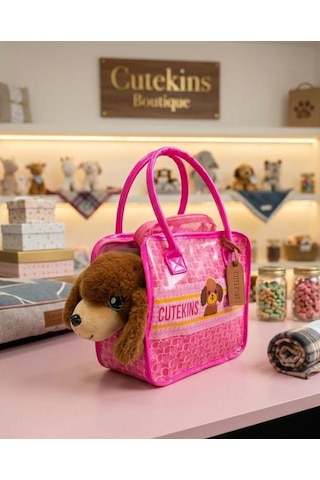Sevimli Yavru Köpek Taşıma Seti - Peluş Oyuncak Ve Pembe Çanta Oyuncak Seti 1
