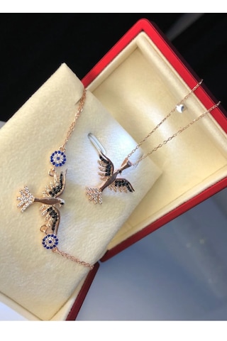 Kadın Gümüş Set - Zümrüdü Anka Kuşu Nazar Boncuklu Işıklı Kutud