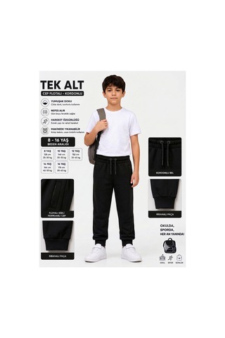 Erdem Kıds Unisex Kız Erkek Çocuk Beli Paçası Lastikli Fermuar Cepli Okul İki İplik Eşofman Altı Pantolon Siyah Siyah