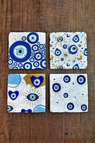 Doğal Taş Bardak Altlığı Nazar Boncuğu Baskılı 4'lü Set - Evil Eye Stone Coasters Çok Renkli