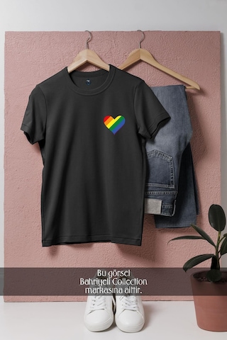 Oversize Lgbt Heart Cep Tasarımlı Unisex T-shirt Siyah