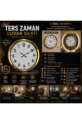 Gold Ters Zaman 40 X 40 Cm Metal Duvar Saati