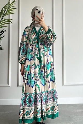 Ladies First Büyük Beden Doğal Kumaştan 9017-d02 Desenli Pamuk Elbise 001