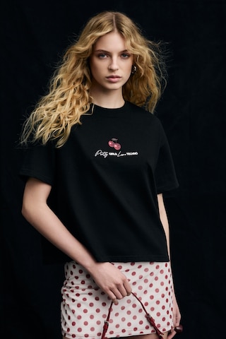 Grımelange Tılorıa Kadın Organik Pamuklu Baskılı Bisiklet Yaka Regular Fit Siyah T-shirt Siyah