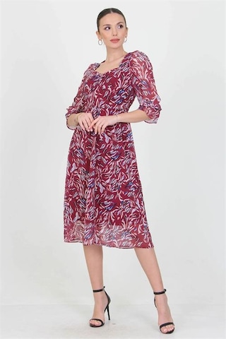 Neşeli Butik Kadın Bordo Kalp Yaka Yeni Sezon Desenli Şifon Elbise Ry0030 Bordo