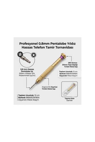 Profesyonel 0.8 Mm Pentalobe Yıldız Hassas Telefon Tamir Tornavidası Metal Kaymaz Sap 12 Cm