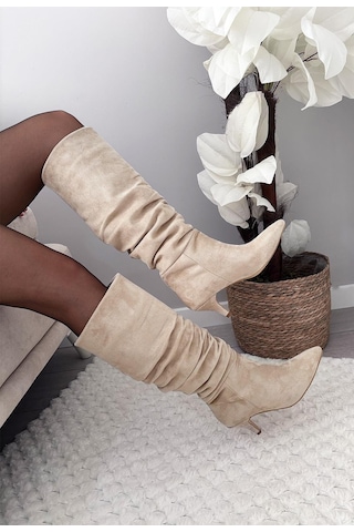 Asmi Shoes Kadın Oslo Topuklu Körüklü Şık Tarz Günlük Rahat Çizme Bej Süet Bej