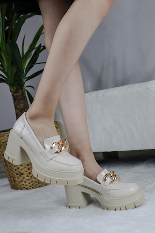 Asmi Shoes Kadın Kalın Toka 8 Cm Platformlu Loafer Ayakkabı Bej Rugan Bej