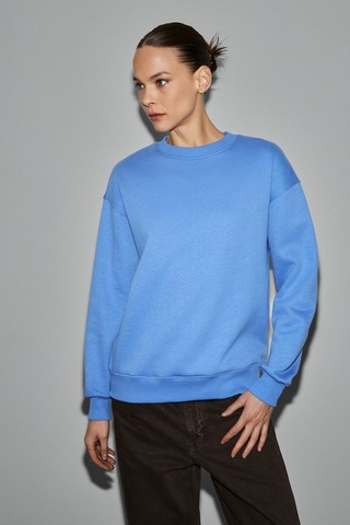 Grimelange Vaneltına Kadın Organik Pamuklu Yumuşacık İçi Polarlı Yuvarlak Yakalı Mavi Sweatshirt Mavi