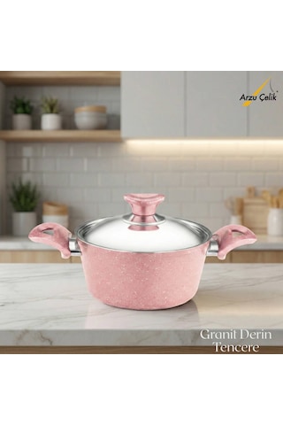 18 Cm Granit Derin Tencere Çelik Kapak - Pembe Pembe