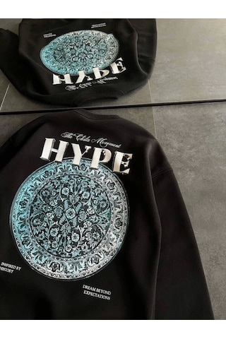 İkales Üç İplik Bisiklet Yaka Baskılı Sweatshirt - Siyah