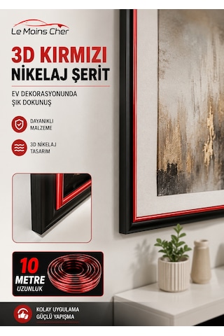 3d Kırmızı Nikelaj Şerit 10 Metre Raf Masa Dolap Dekoratif Çıtası
