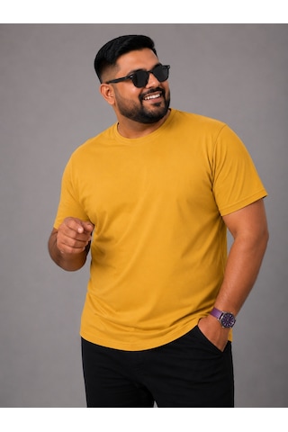Yuvarlak Yaka Erkek Battal Düz Renk Pamuklu Basic Tshirt Hardal