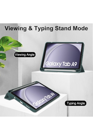Youtek Samsung Galaxy Tab A9 8.7" Kılıf - A9 Plus 11" Uyumlu, Kalem Bölmeli, Uyandırma Fonksiyonlu, Üç Katlı Şeffaf Koruyucu Kılıf Koyu Yeşil