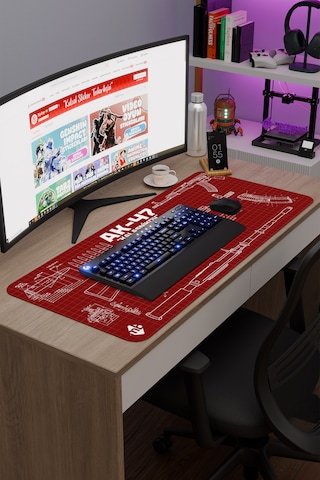 Ak 47 Siyah Kalaşnikov Cs Dikişli Kauçuk Oyuncu Mousepad - 90x40 Gaming Mouse Pad Ak-47 Bordo / Kırmızı