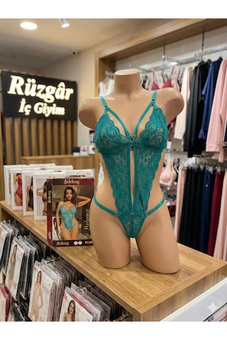 Beleng Beleleng Kadın Petrol Yeşili Dantelli Ve İp Detaylı Fantezi Body Teddy Yeşil