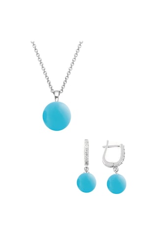 Gümüş Yuvarlak Model Kolye Küpe Turkuaz Taşlı Set 8 Mm