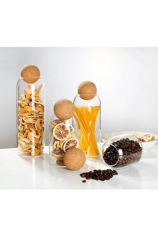 4'lü Top Mantar Kapaklı Cam Kavanoz Ve Baharatlık Seti Düz Şeffaf