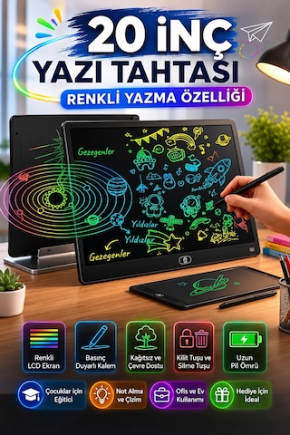 20 Inc Renkli Lcd Grafik Dijital Kalemli Çizim Tableti Yazı Tahta Not Yazma Eğitim Tableti Siyah