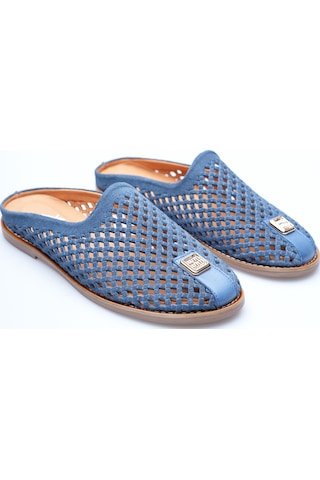 Analin Shoes Kadın Hakiki Deri Delikli Günlük Rahat Terlik Mavi