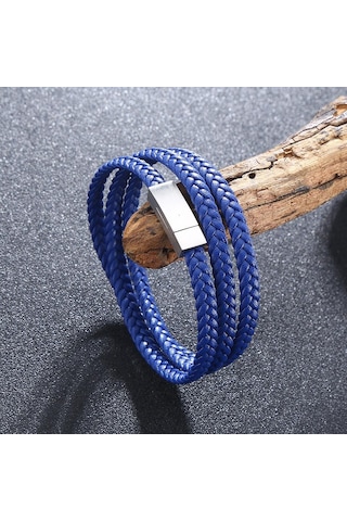 Basit Erkek Bilekliği Çok Katmanlı Deri Bileklikler Charm Metal Tokalı Erkek Takıları Hediyeler Mavi