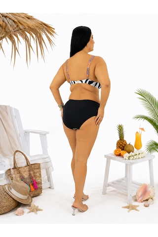 Büyük Beden Kaplı Telli Renkli Tüy Desenli Ön Büzgü Detaylı Ayarlanabilir Askılı Sabit Kaplı Kadın Bikini Takımı Siyah