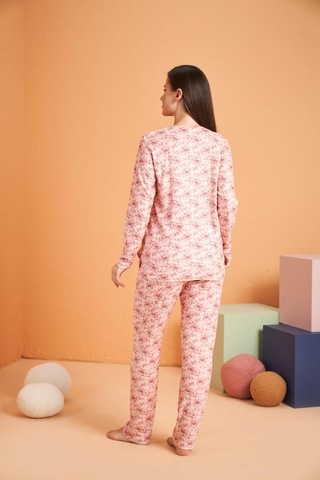 Pjs Kadın Düğmeli Yaka Çiçek Desenli Uzun Kollu Pijama Takım Pembe